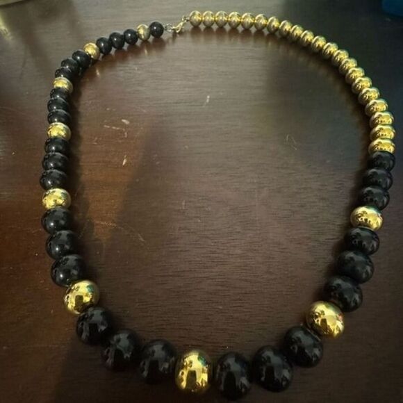 80s Vintage Women Chunky Black Gold Tone Beaded Matinee Opera Necklace Cleopatra - Picture 3 of 6